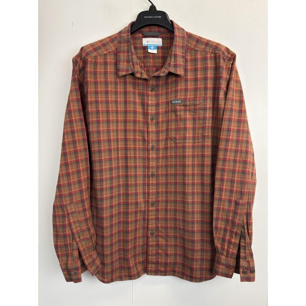 Columbia Men's‎ XL Cornell Woods Flannel Shirt Orange Plaid Cotton Stretch